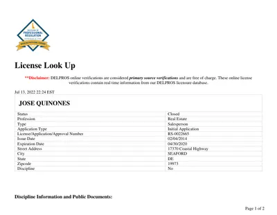 DELPROS License Look Up for RS-0022665 — Jose Quinones, Salesperson, Closed