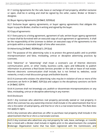 Delaware Real Estate Commission final order, 17 DE Reg. 1194, page 10, with rule 8.4.5.3 outlined — the complete registered Brokerage Organization name requirement, in force since 2014